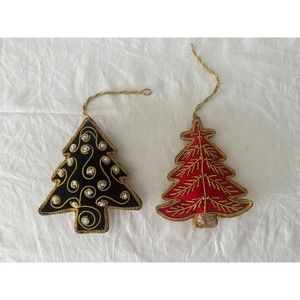 Pair of Zari Christmas Ornament, Red and Black Tree, Zardozi Embroidery